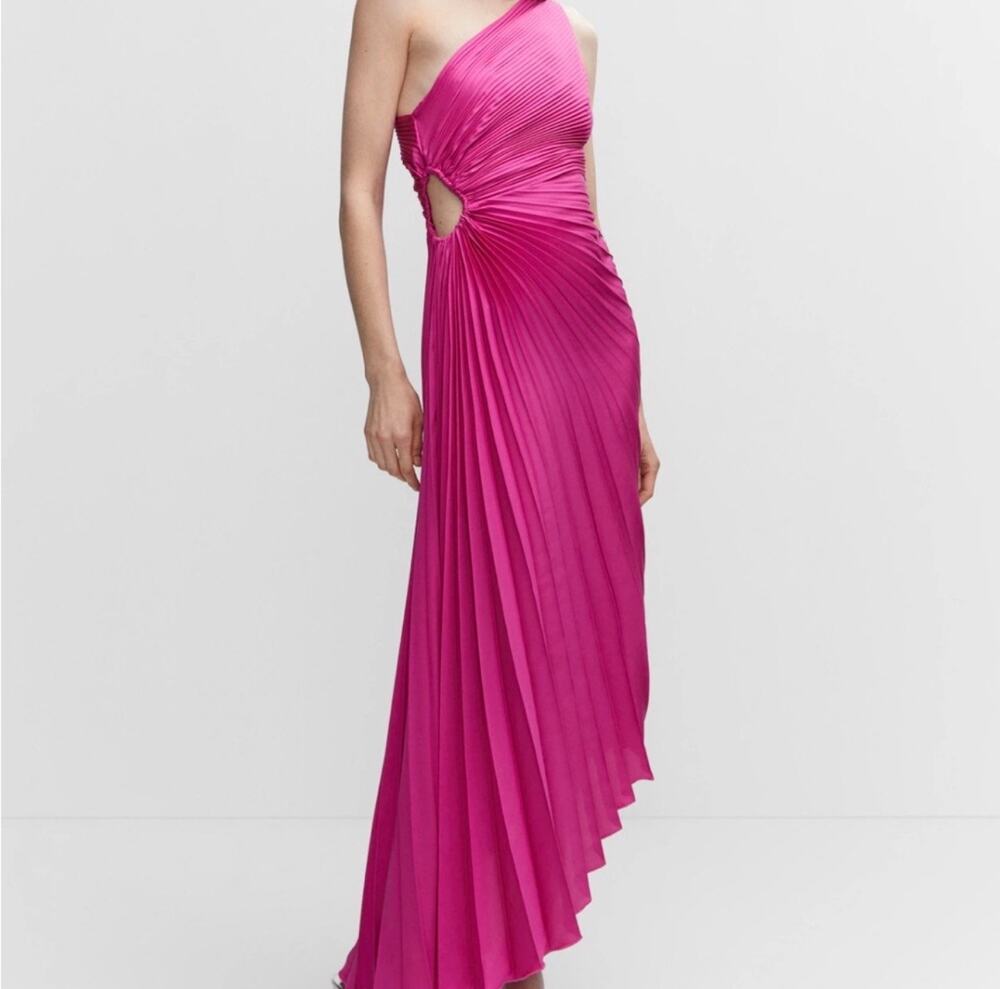 Mango One Shoulder Satin Asymmetric Pleated Maxi Dress Pink Sz 4 Wedding Guest